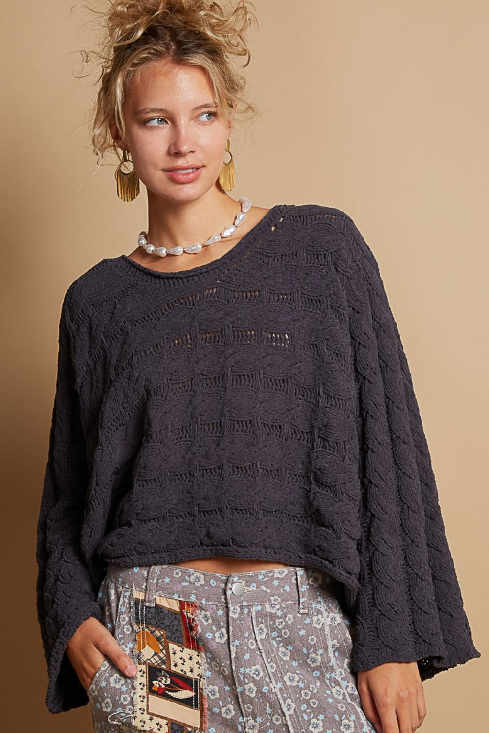 POL Round Neck Cable Knit Cropped Sweater Charcoal