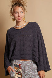 Charcoal POL Round Neck Cable Knit Cropped Sweater | Sweaters Daverri Fashions
