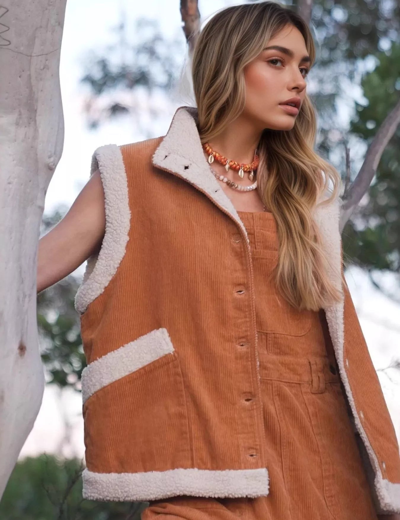 Terracotta Button Up Sherpa Vest Coat | Vest Jackets Daverri Fashions