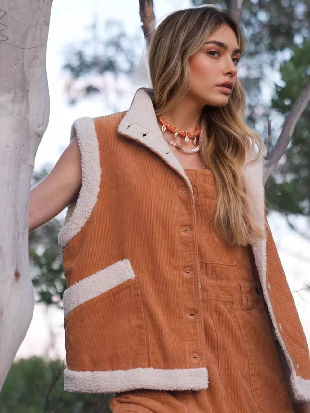 Terracotta Button Up Sherpa Vest Coat | Vest Jackets Daverri Fashions