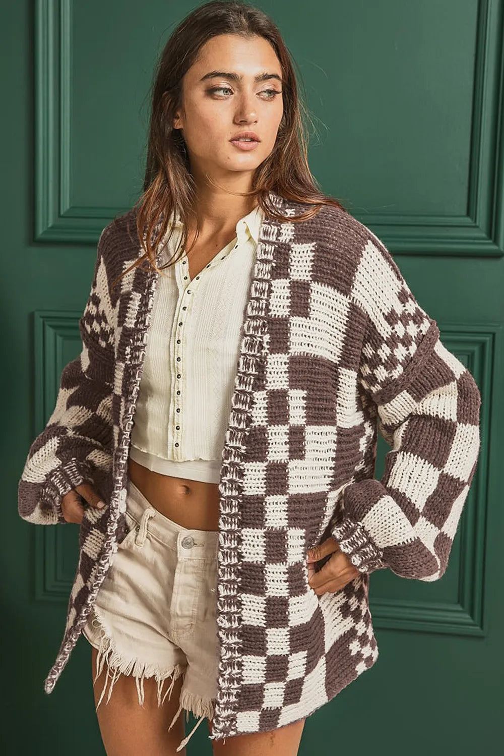 Checkered Open Front Long Sleeve Cardigan | Cardigans Daverri Fashions