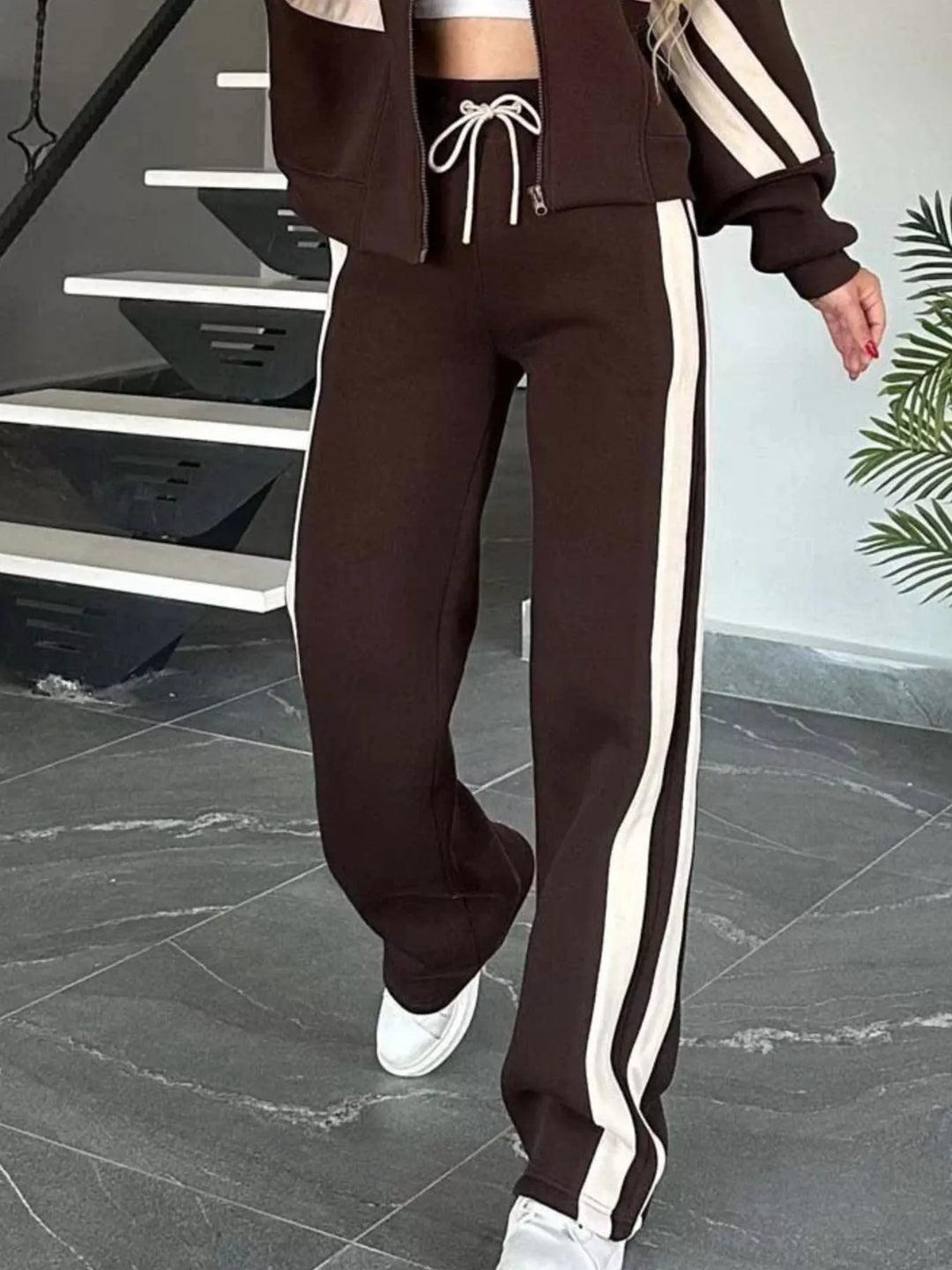 Full Size Contrast Stripe Zip Up Jacket and Pants Set Plus Size | Loungewear Sets Daverri Fashions