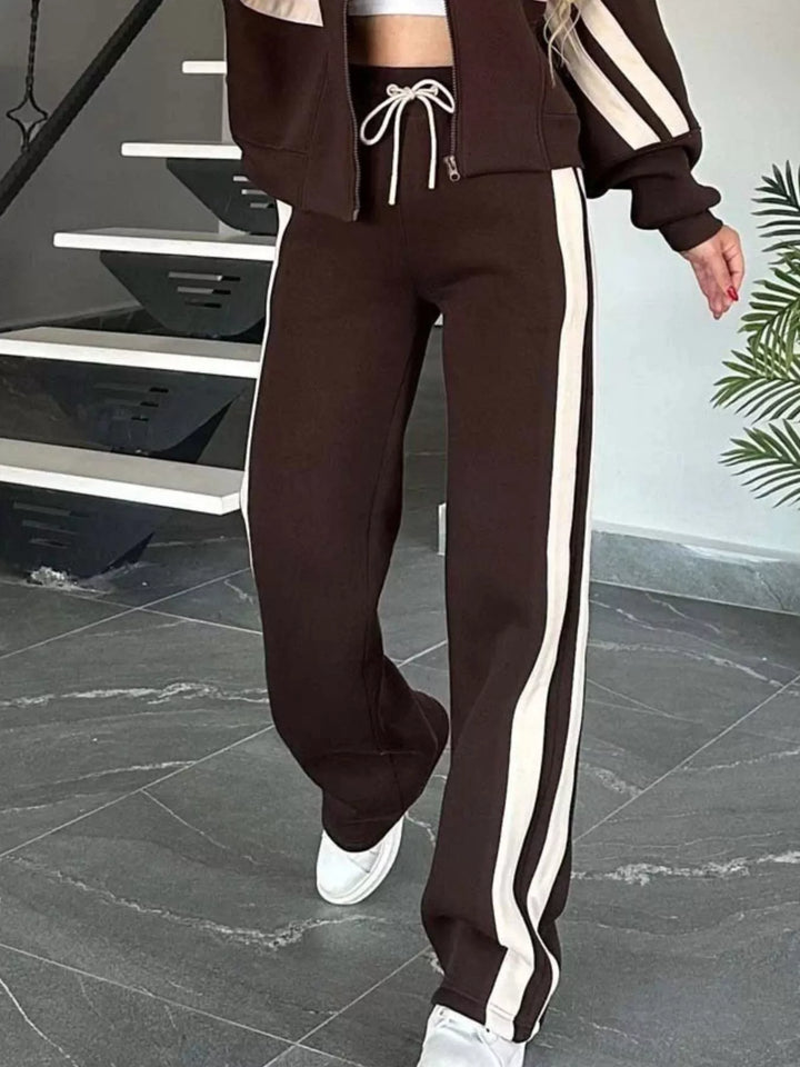 Full Size Contrast Stripe Zip Up Jacket and Pants Set Plus Size | Loungewear Sets Daverri Fashions