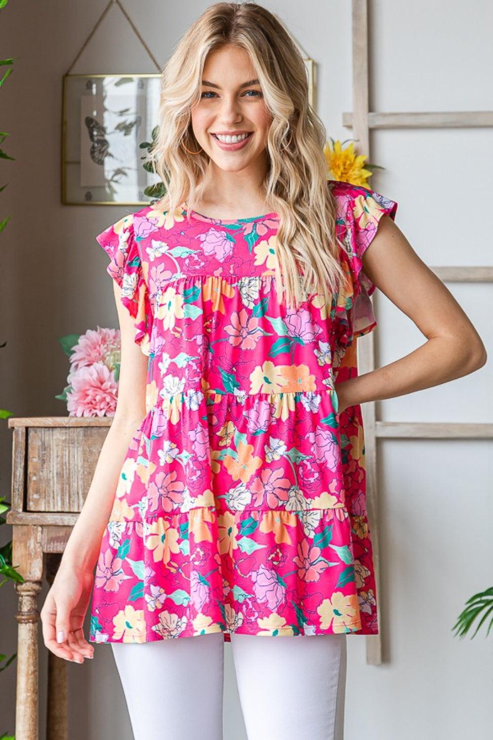 Fuchsia Multi Heimish Full Size Floral Ruffle Sleeve Tiered Blouse | Daverri Fashions