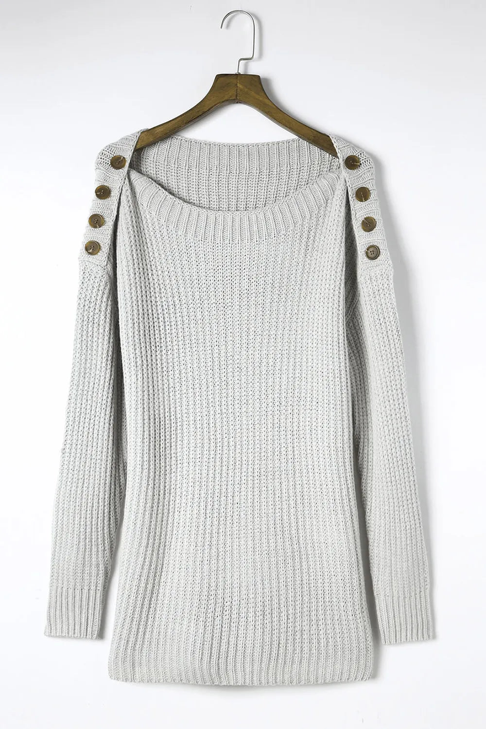 Light gray ribbed side slit boat neck long sleeve sweater with shoulder buttons