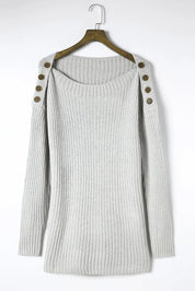 Light gray ribbed side slit boat neck long sleeve sweater with shoulder buttons