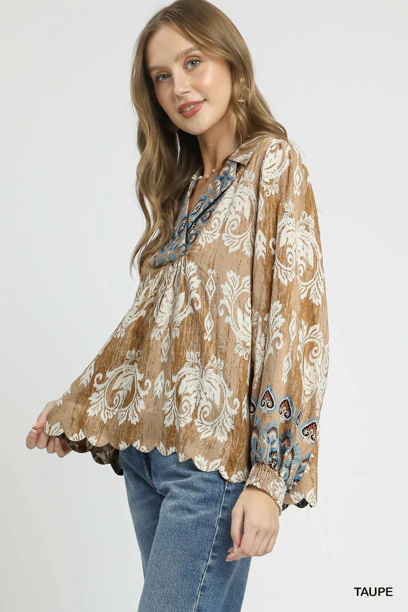 Umgee Floral Boho Blouse with Scalloped Hem