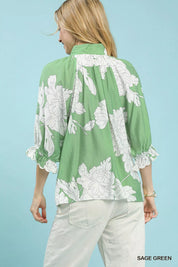 Umgee Peony Illustration Print Flounce Sleeve Blouse | Blouses Daverri Fashions