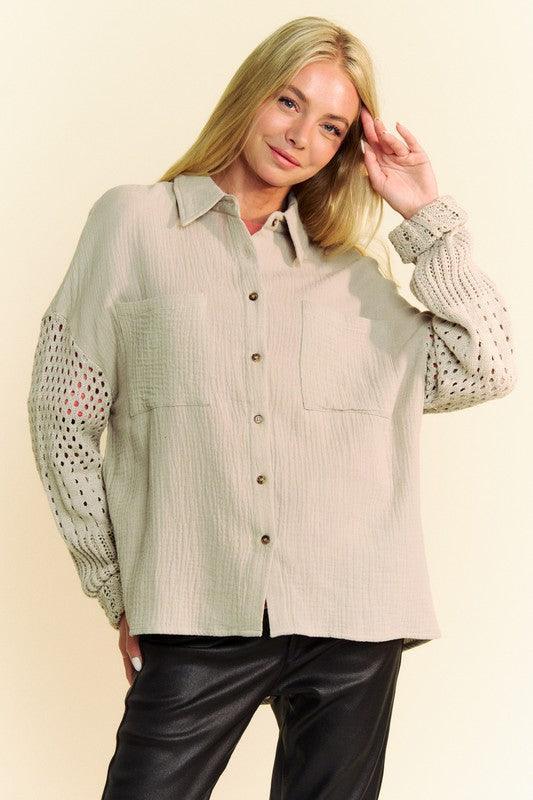 Davi & Dani Crochet Sleeve Crinkled Texture Shirt - DAVERRI FASHIONS
