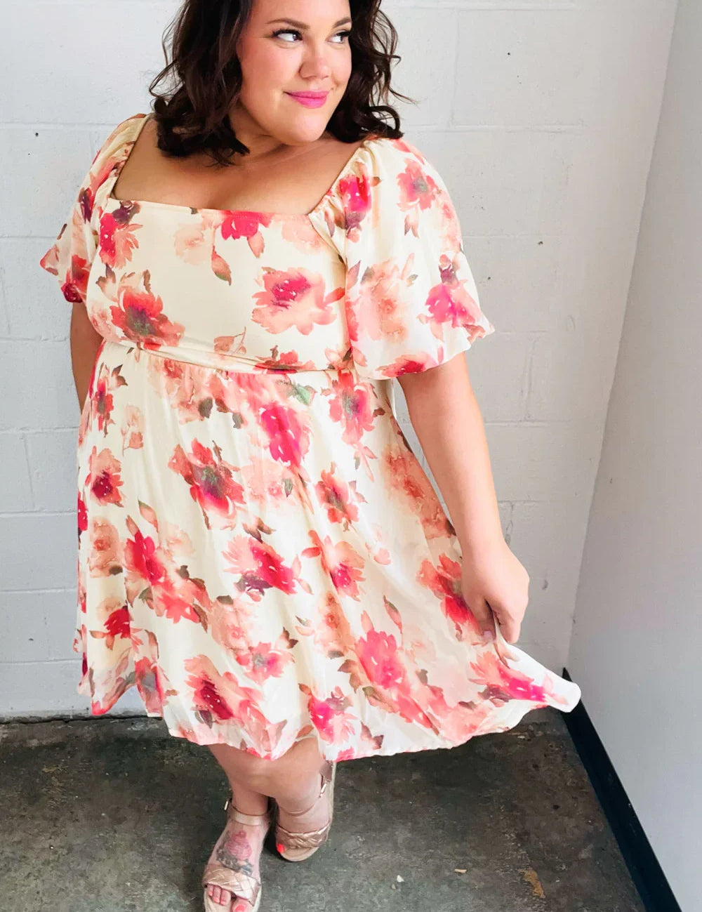 Peach Floral Chiffon Puff Sleeve Dress | Daverri Fashions