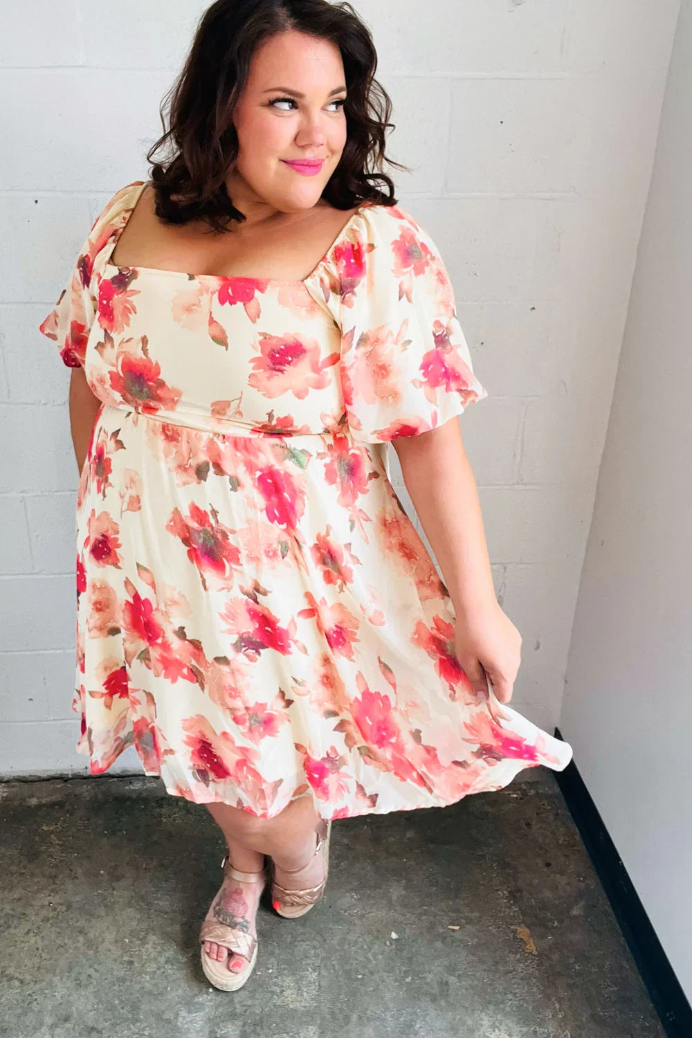 Peach Floral Chiffon Puff Sleeve Dress | Daverri Fashions