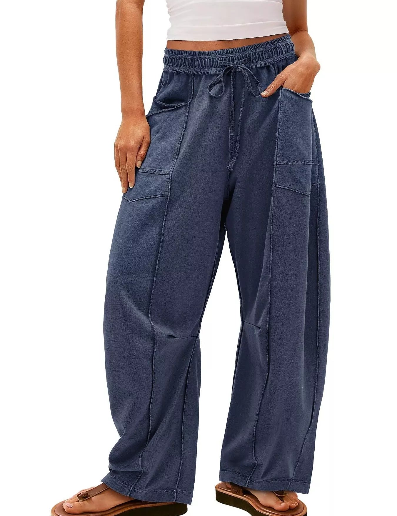 Dark Blue Drawstring Wide Leg Elastic Waist Pants | Pants Daverri Fashions