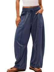 Dark Blue Drawstring Wide Leg Elastic Waist Pants | Pants Daverri Fashions