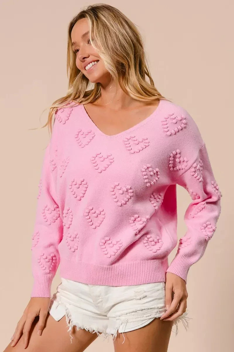 BiBi Valentines Heart Pompom V Neck Knit Top - DAVERRI FASHIONS