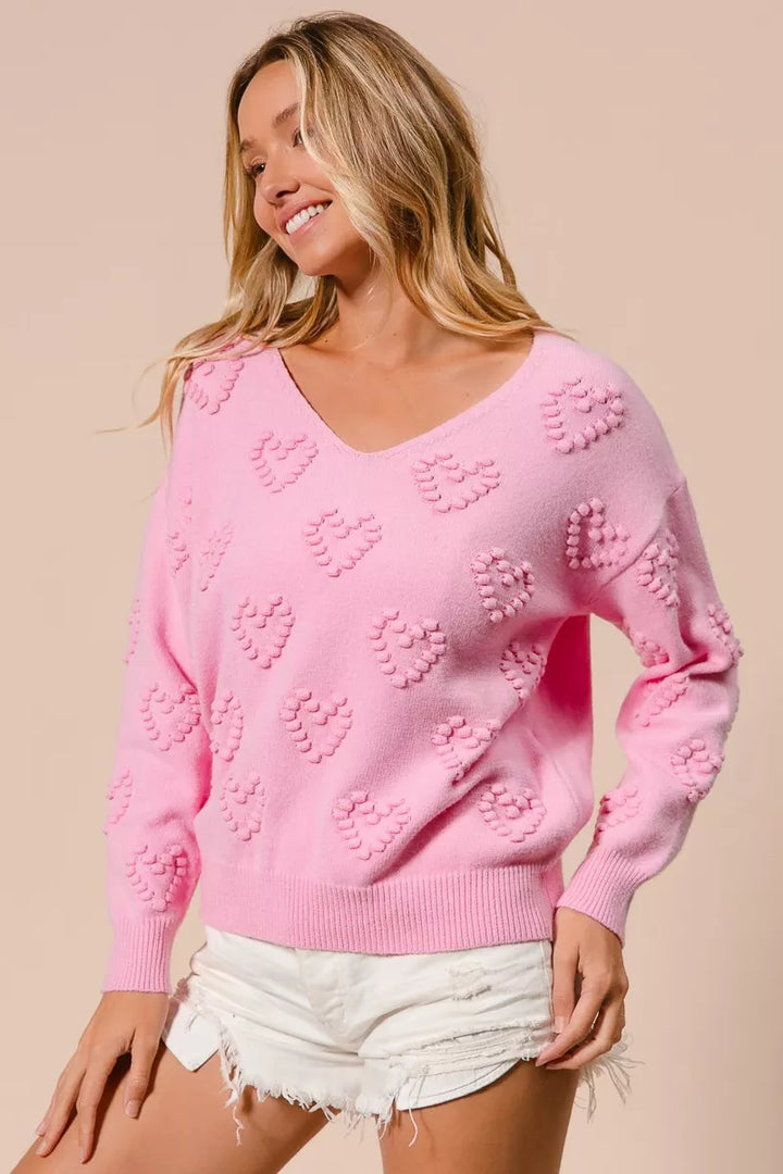 BiBi Valentines Heart Pompom V Neck Knit Top | Knit Tops Daverri Fashions