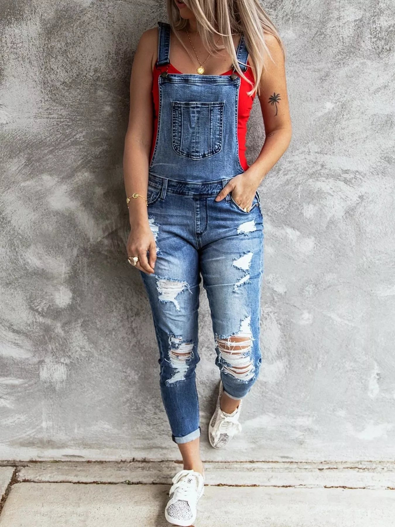 Daverri wide strap distressed denim overalls with rolled cuffs