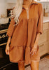 Cozy rust-colored ruffled hem zip front texture dress in herringbone pattern