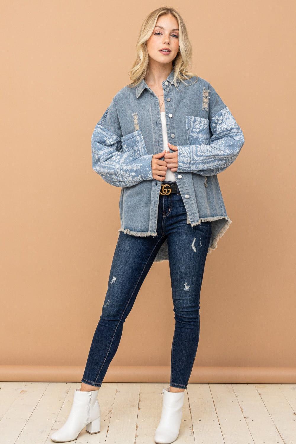 And The Why Full Size Paisley Print Quilted Sleeves Denim Jacket - DAVERRI FASHIONS