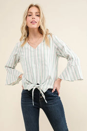 And The Why Stripe Tie Knot Front Bell Sleeve Top | Blouses Daverri Fashions