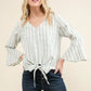 And The Why Stripe Tie Knot Front Bell Sleeve Top - DAVERRI FASHIONS