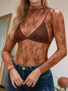 Sheer brown lace floral mock neck long sleeve mesh top