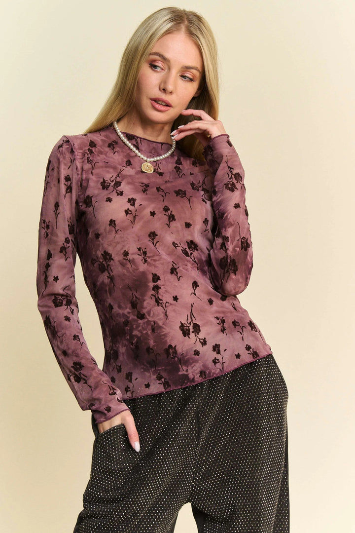 BURGUNDY Davi & Dani Floral Mesh Long Sleeve Sheer Layering Top | Tops Daverri Fashions