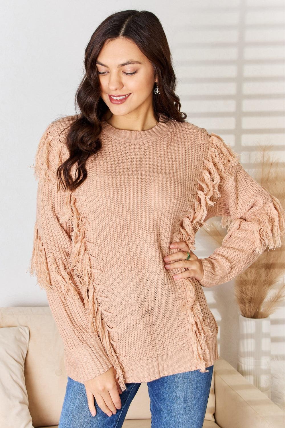 DUSTY PINK And The Why Tassel Detail Long Sleeve Sweater | Sweaters Daverri Fashions