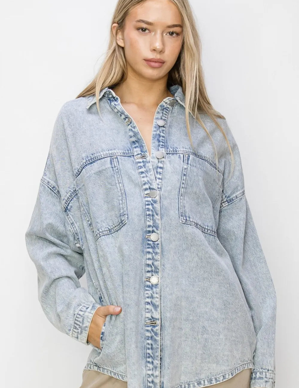 Acid Light L RISEN Button Up Long Sleeve Shacket L | Shackets Daverri Fashions