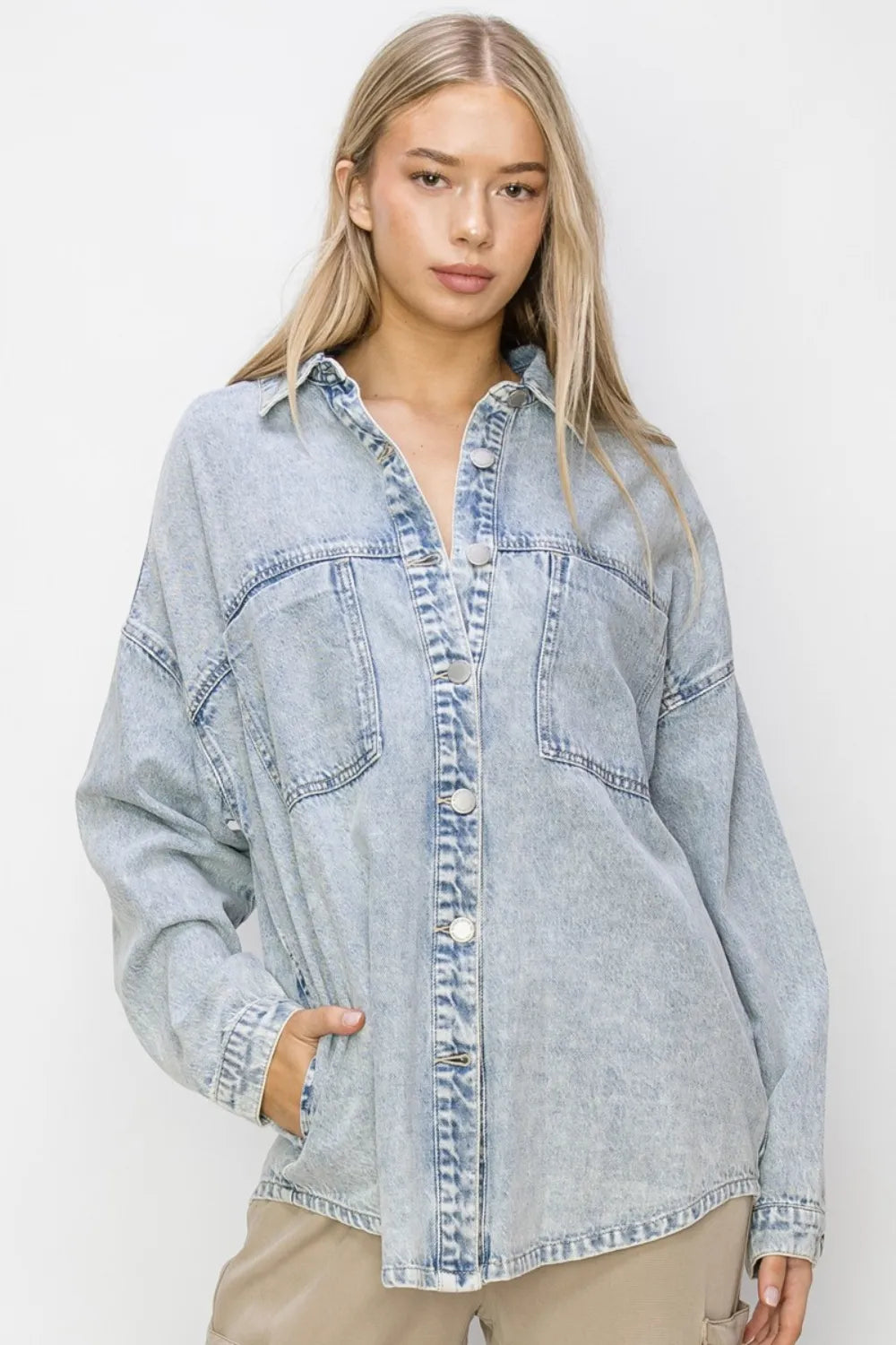 Acid Light L RISEN Button Up Long Sleeve Shacket L | Shackets Daverri Fashions