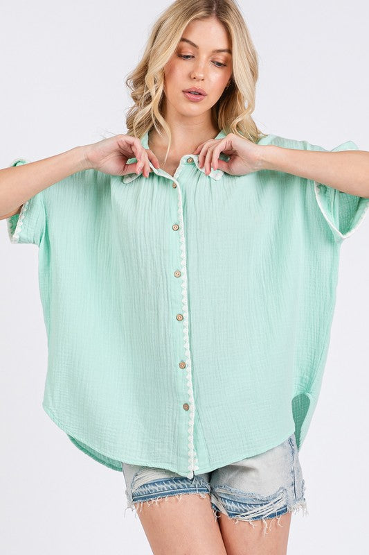 SAGE+FIG Boho Contrast Zigzag Trim Gauze Button-Up Shirt Shirts