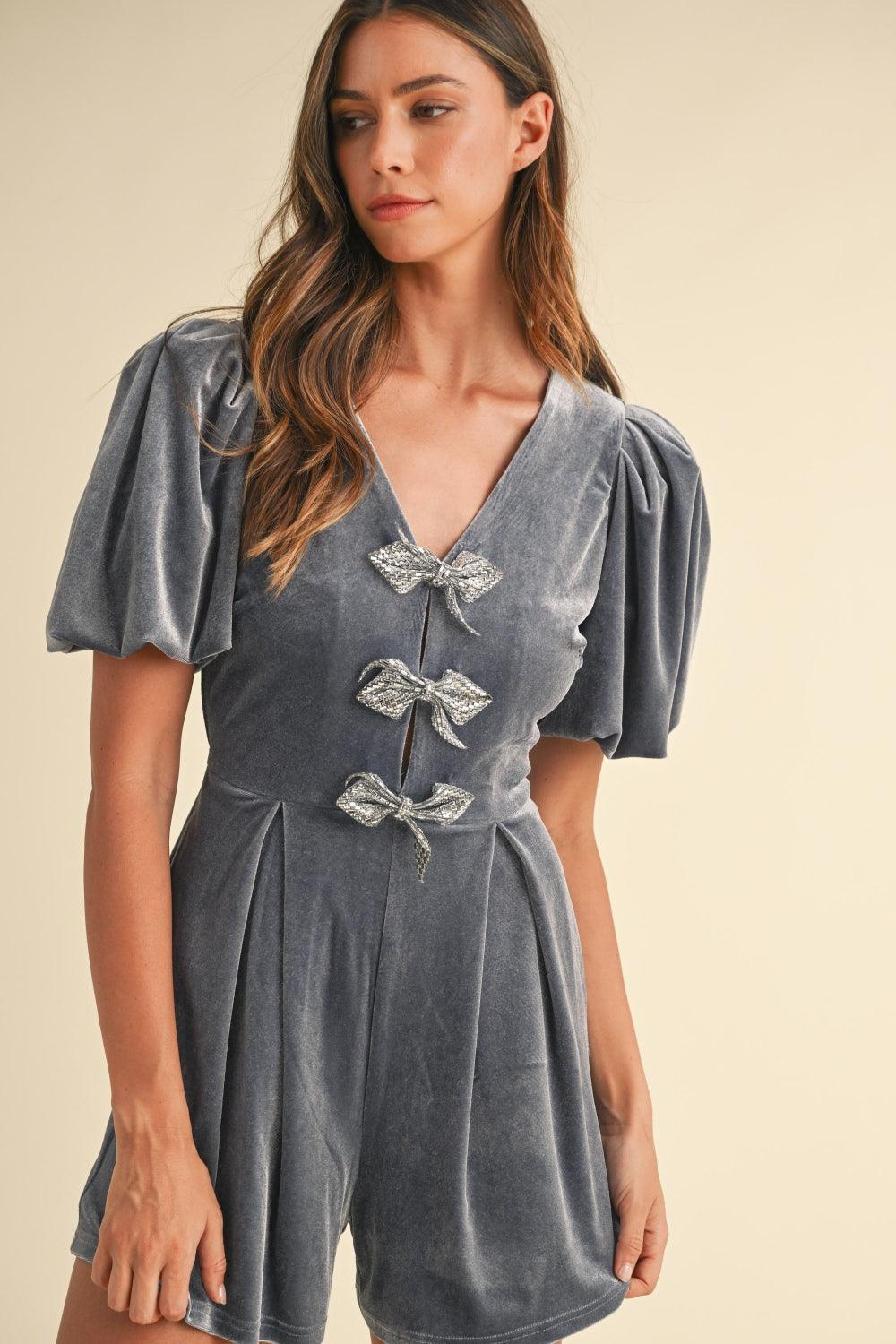 Mable Jewel Bow Decor Puff Sleeve Velvet Romper | Daverri Fashions