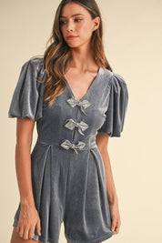 Mable Jewel Bow Decor Puff Sleeve Velvet Romper | Daverri Fashions