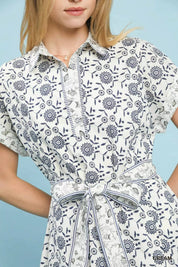 Umgee Border Print Belted Shirt Dress in white with navy floral pattern
