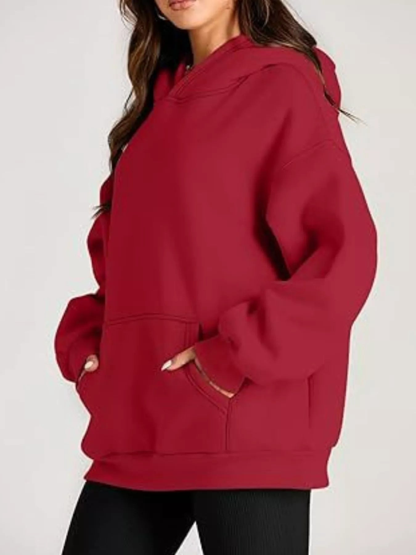 Cozy deep red kangaroo pocket long sleeve hoodie with relaxed fit