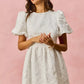 White textured SO ME floral jacquard mini dress with puff sleeves and flared skirt