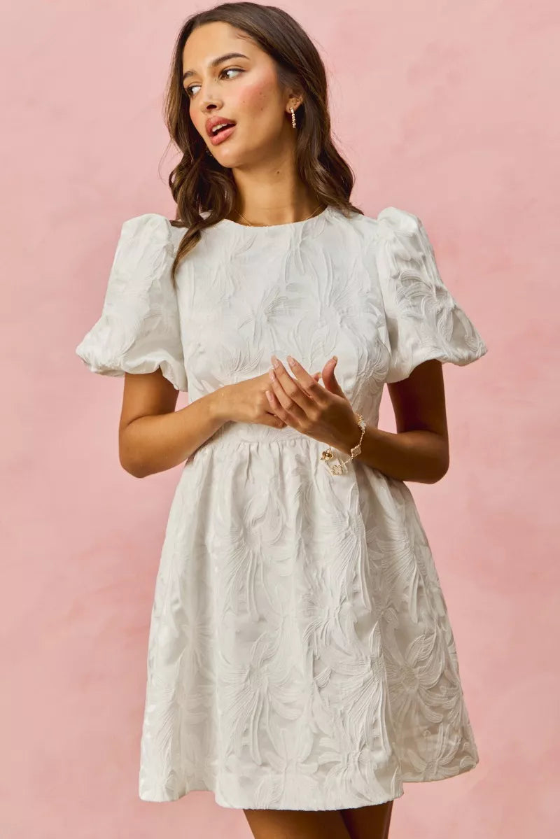 White textured SO ME floral jacquard mini dress with puff sleeves and flared skirt