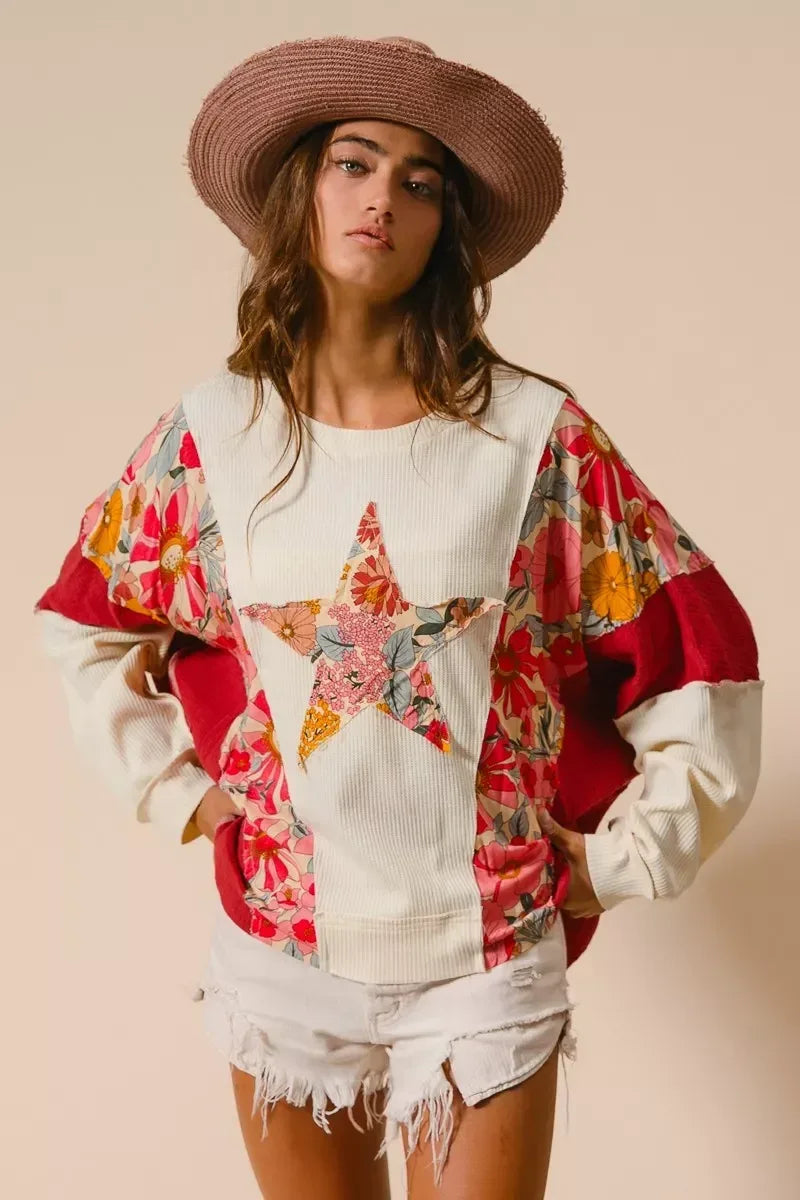 BiBi Floral Print Mixed Star Patch Round Neck Sweatshirt - DAVERRI FASHIONS