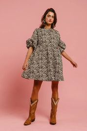 BiBi Leopard Denim Dress With Back Contrast Tie Detail | Daverri Fashions