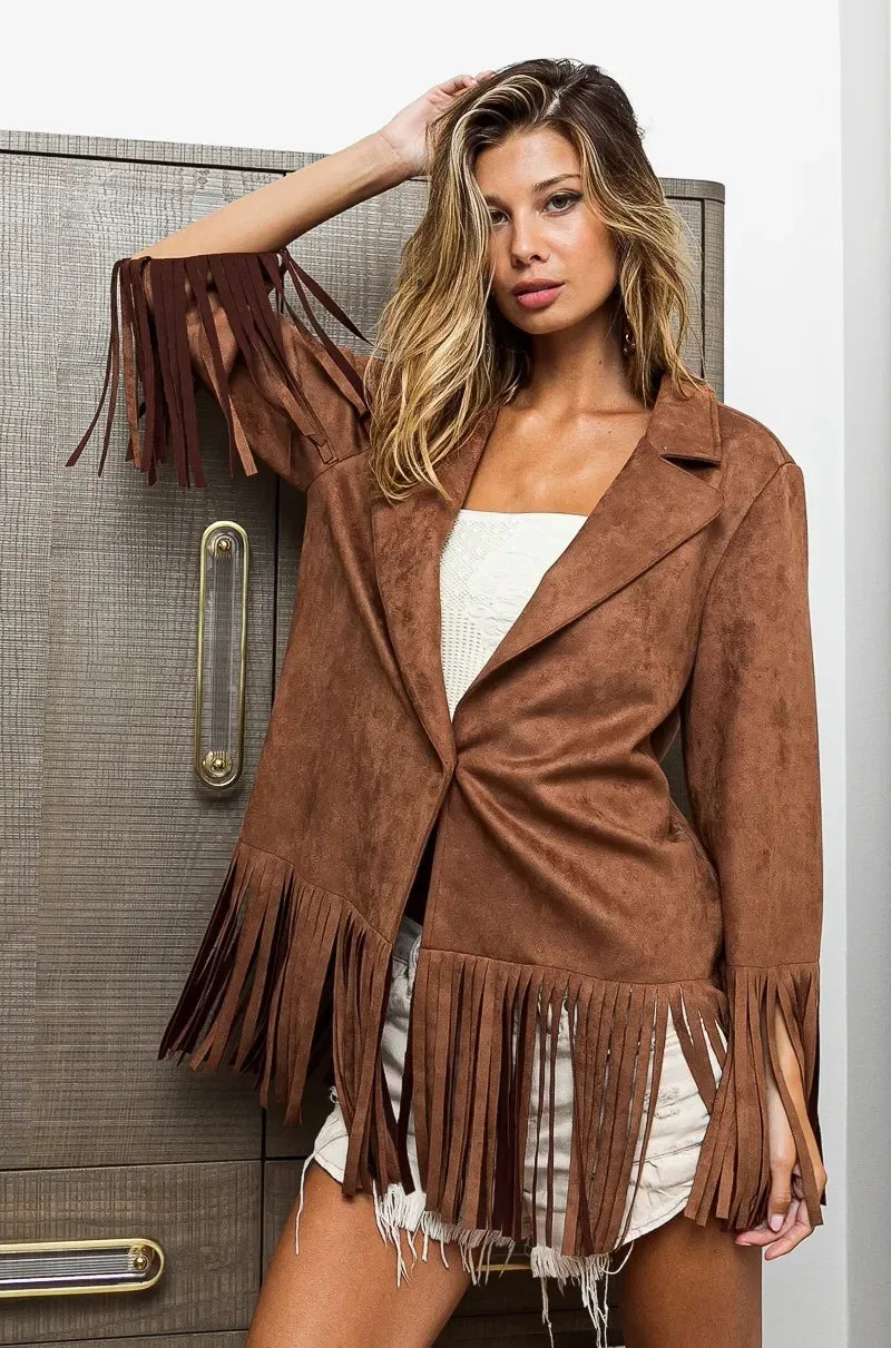 BiBi Single Blazer with Fringed Hem - DAVERRI FASHIONS
