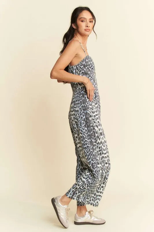 Davi & Dani Leopard Spaghetti Straps Wide Leg Jumpsuit Jumpsuits