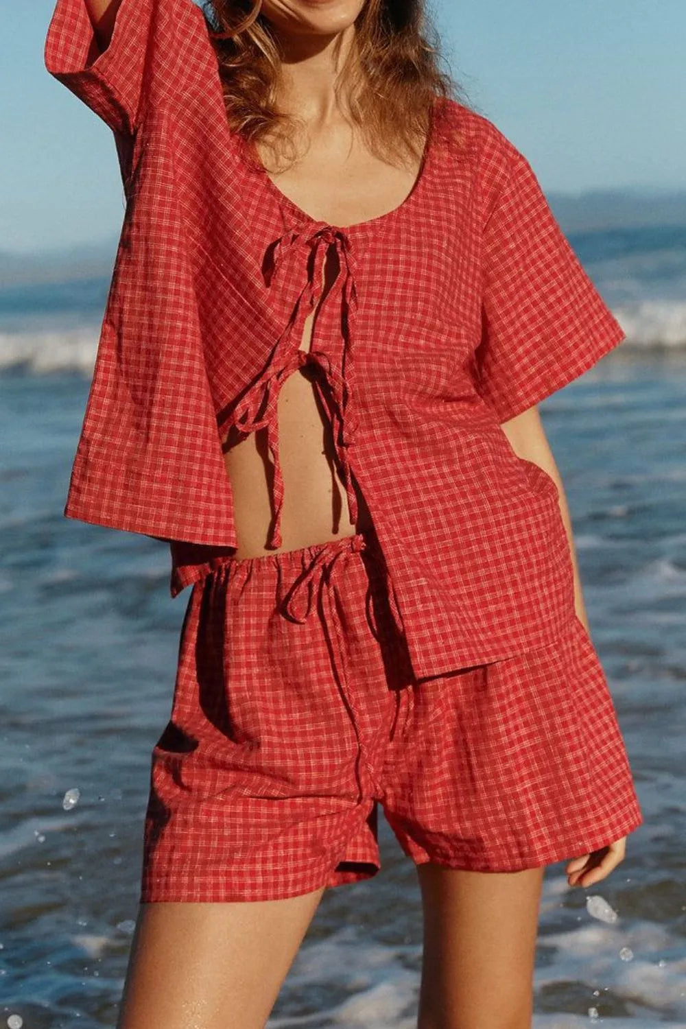 Plaid Tied Scoop Neck Short Sleeve Top and Drawstring Shorts Set | Outfit Sets Daverri Fashions