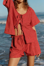 Plaid Tied Scoop Neck Short Sleeve Top and Drawstring Shorts Set | Outfit Sets Daverri Fashions