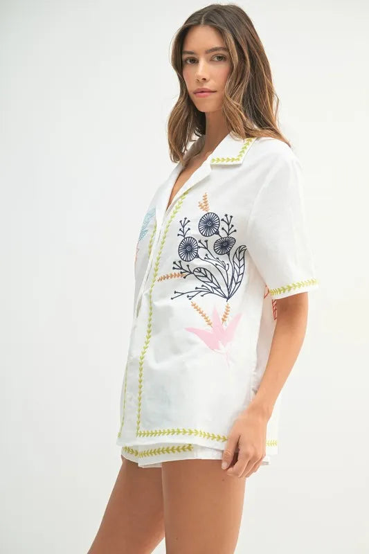 MABLE Embroidered Button Down Shirt and Shorts Set Outfit Sets