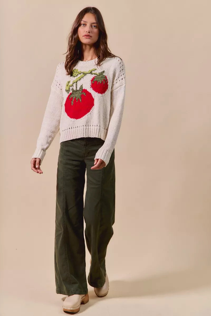 SO ME Vegetable Round Neck Long Sleeve Sweater | Sweaters Daverri Fashions