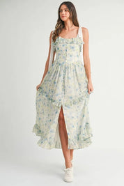 MABLE Floral Printed Shoulder Strap Midi Dress | Daverri Fashions