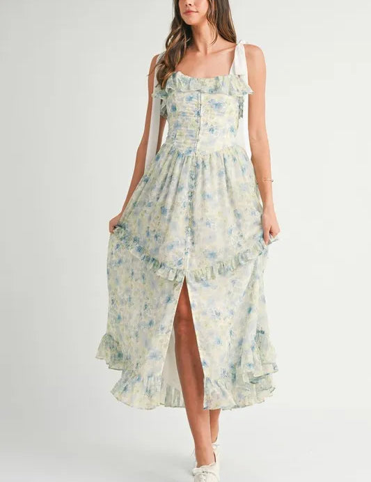MABLE Floral Printed Shoulder Strap Midi Dress | Daverri Fashions
