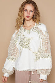 POL Star Patch Lace Contrast Long Sleeve Hooded Top | Tops Daverri Fashions