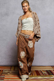 POL Openwork V-Neck Chenille Cardigan with Contrast Floral | Daverri Fashions