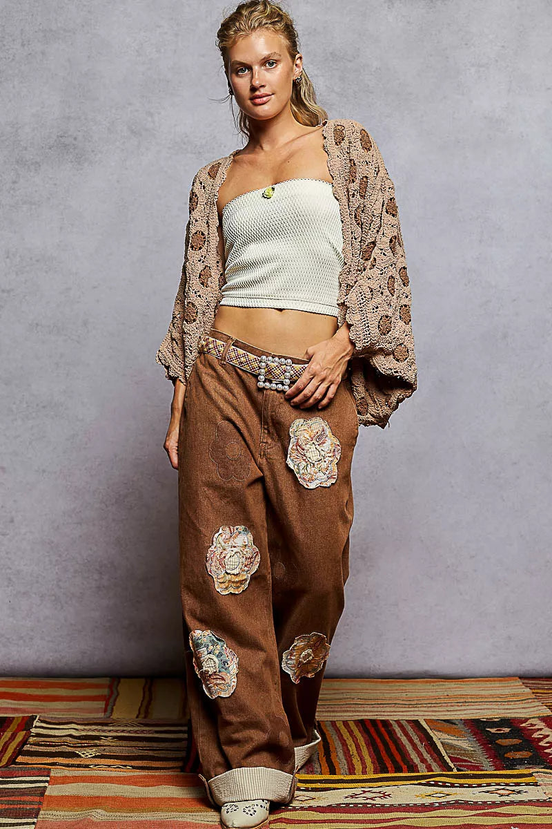POL Openwork V-Neck Chenille Cardigan with Contrast Floral | Daverri Fashions