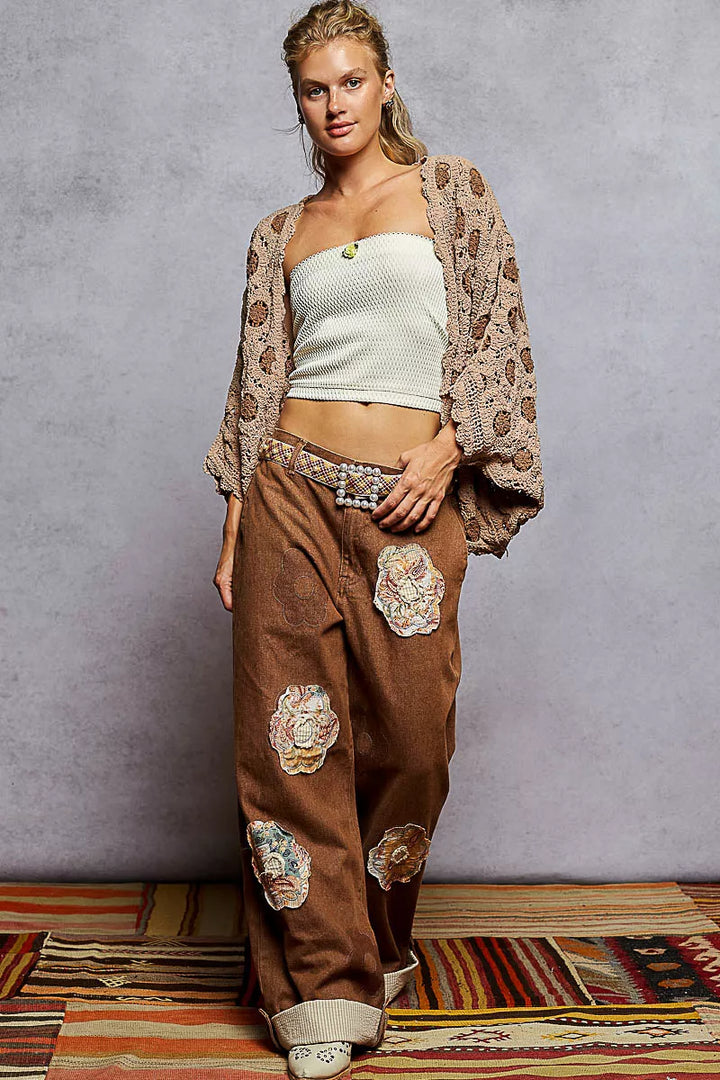 POL Openwork V-Neck Chenille Cardigan with Contrast Floral | Daverri Fashions